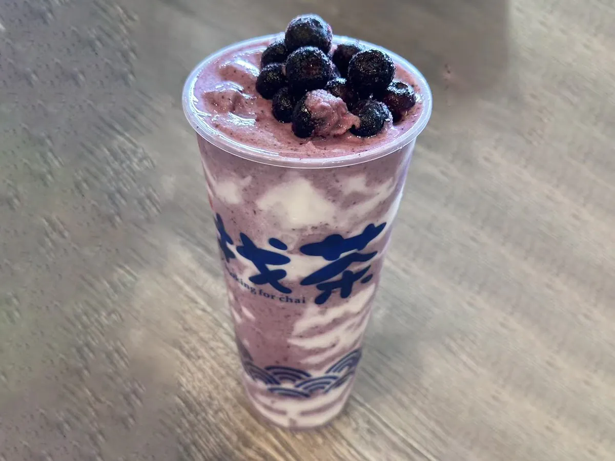 Cup of blueberry yogurt drink at Looking for Chai，a Taiwanese Restaurant in Edmonds
